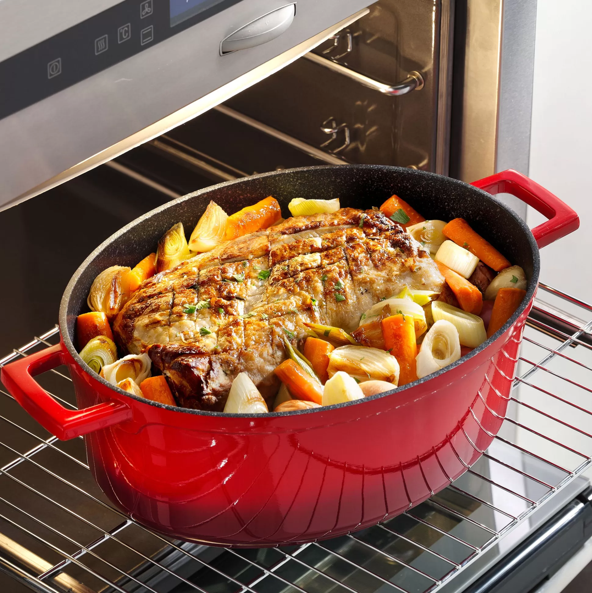 Roasters | STONELINE Cocotte Roaster Casserole Dish Oval 32x25 cm Cherry Red | with Lid
