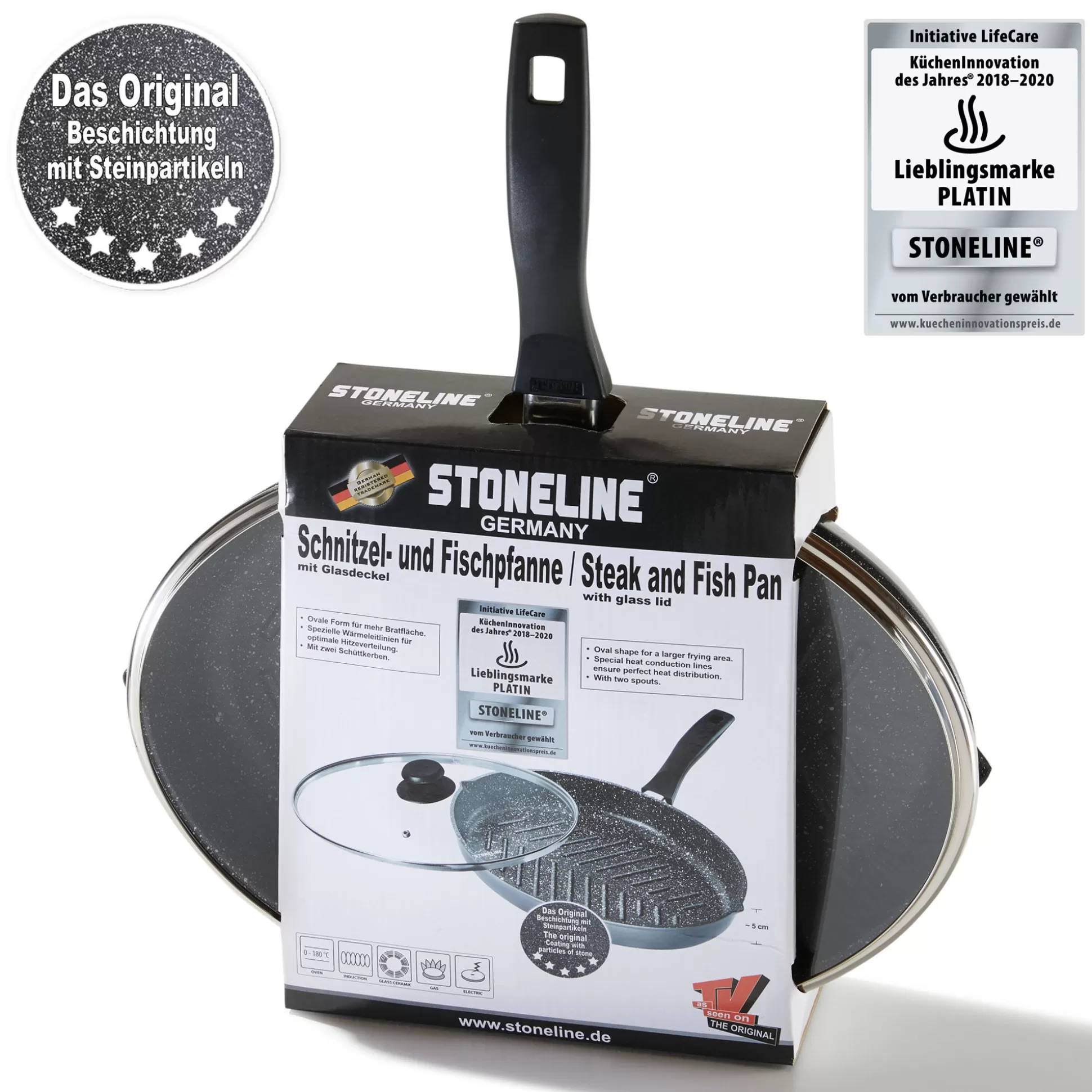 Fish Pan | STONELINE Fish Pan Cutlet Pan Oval 35x24 cm | with Lid - Black
