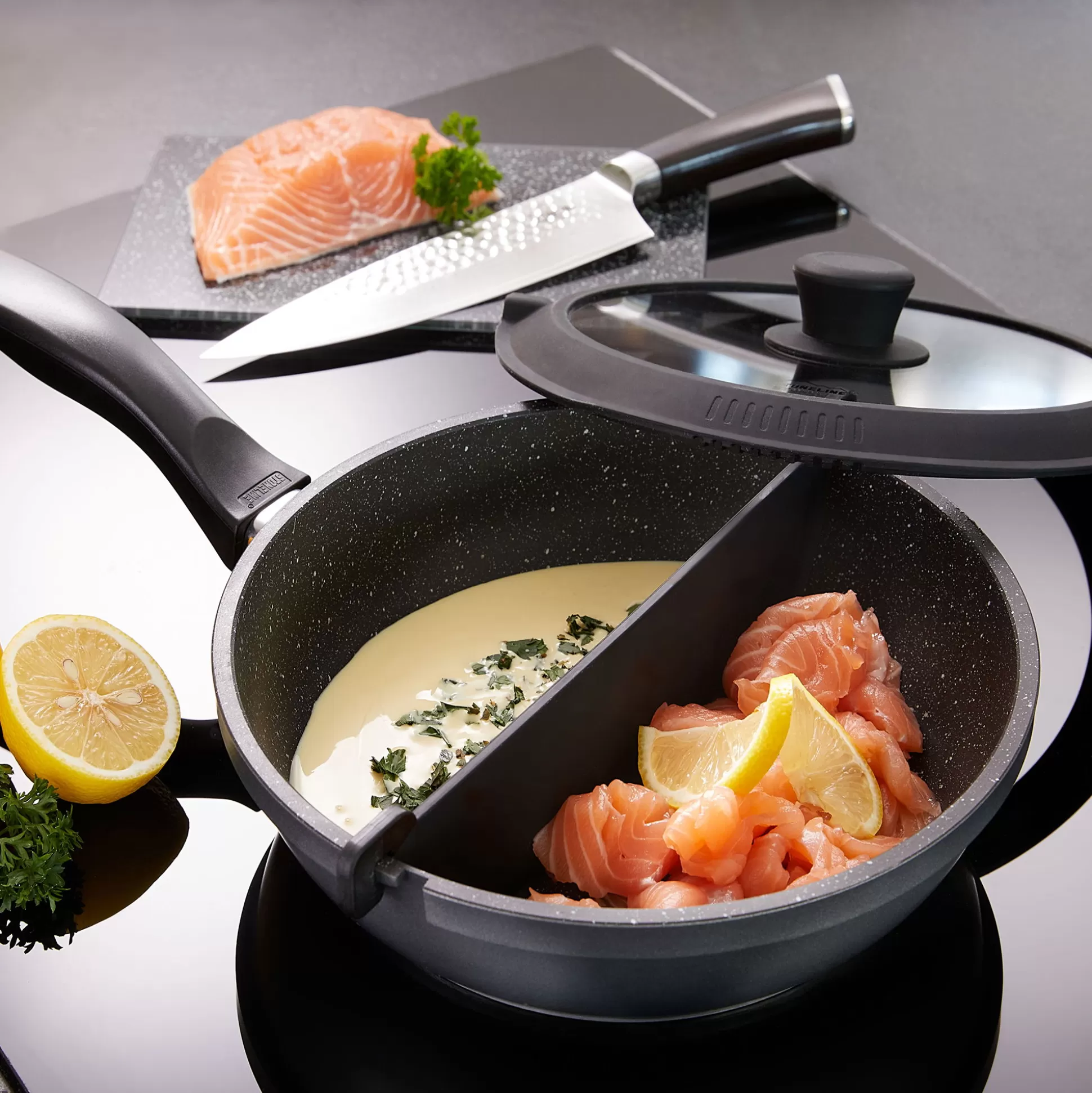 Frying Pans | STONELINE Split Pan 24 cm | with Divider Separator and Lid - Black