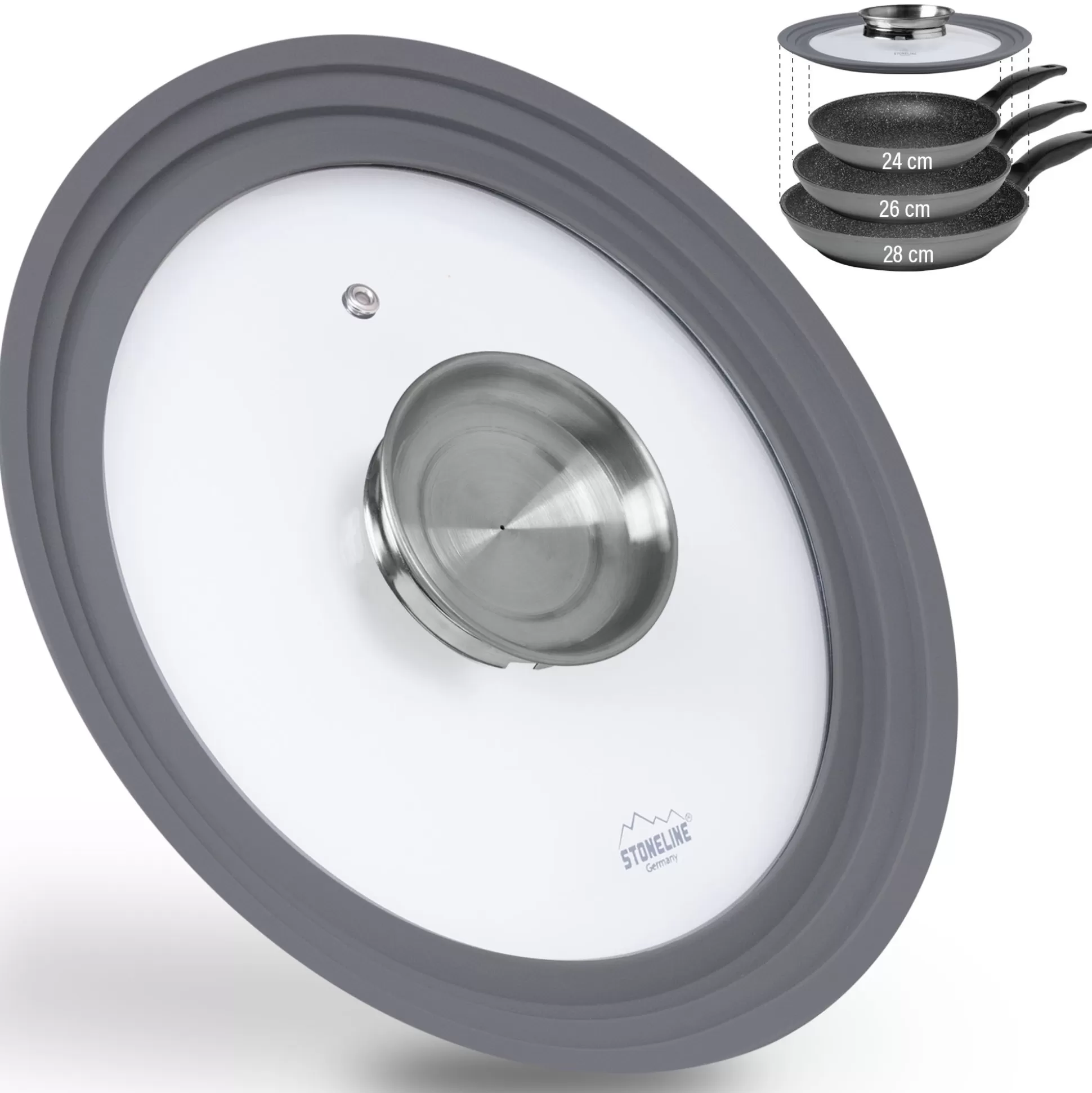 Glass Lids | STONELINE Universal Lid for Pots Pans Skillets 24/26/28 Aroma Function, Aroma Lid | Grey