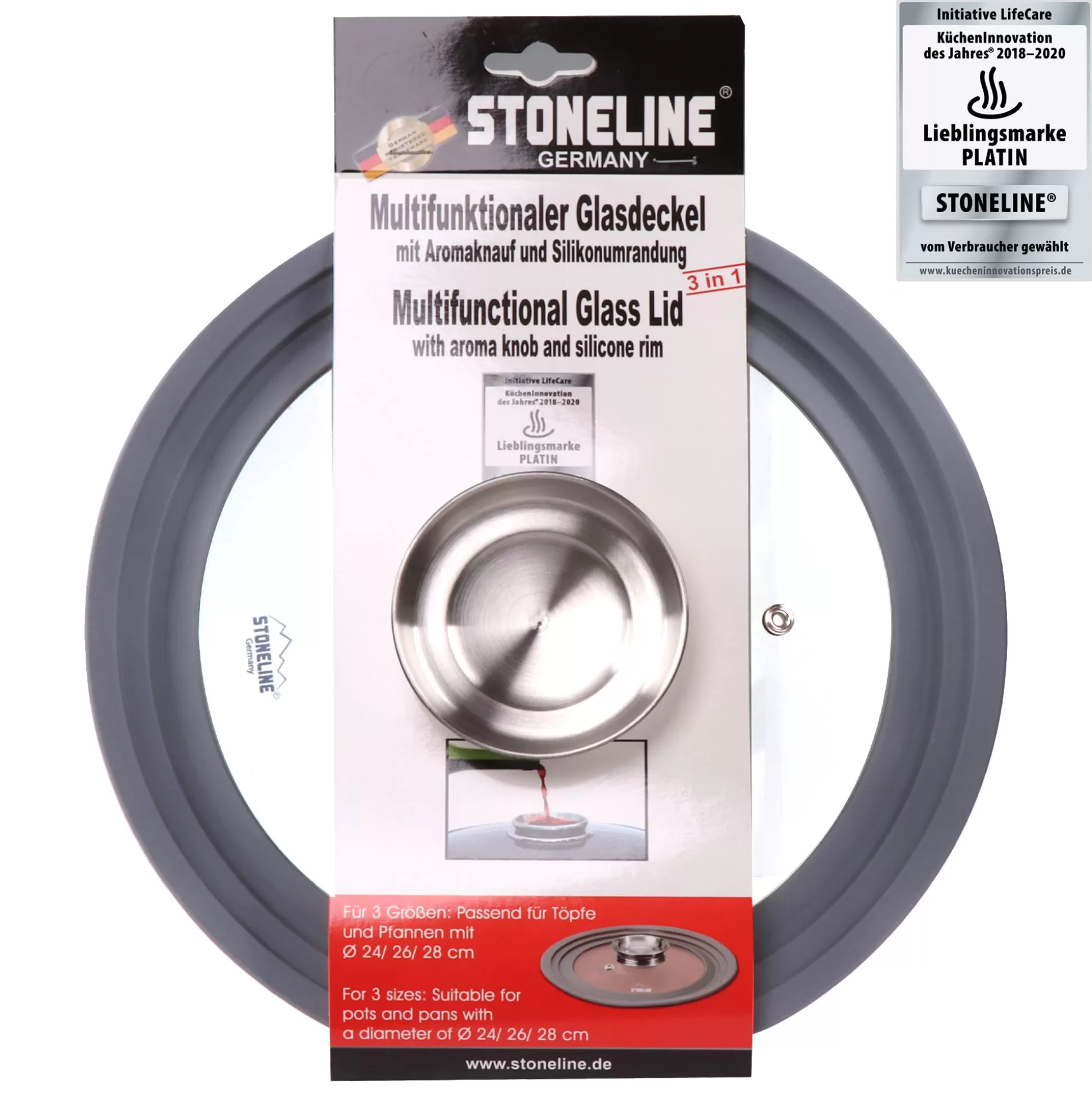 Glass Lids | STONELINE Universal Lid for Pots Pans Skillets 24/26/28 Aroma Function, Aroma Lid | Grey