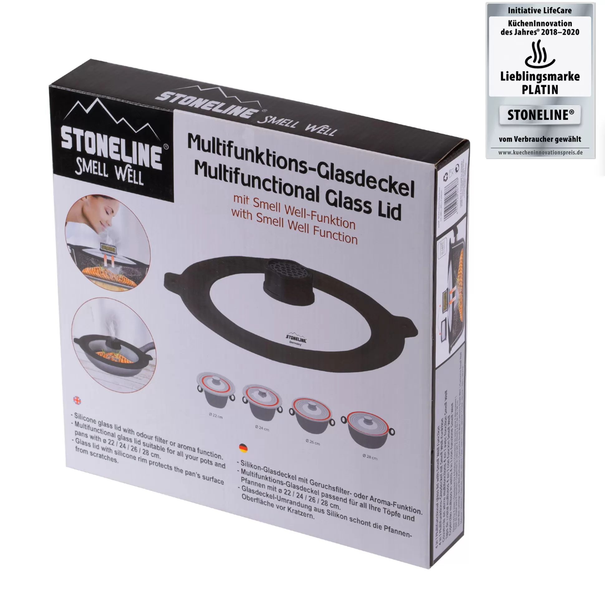 Glass Lids | STONELINE Universal Lid for Pots Pans Skillets 22/24/26/28 with SMELL WELL Function | Black