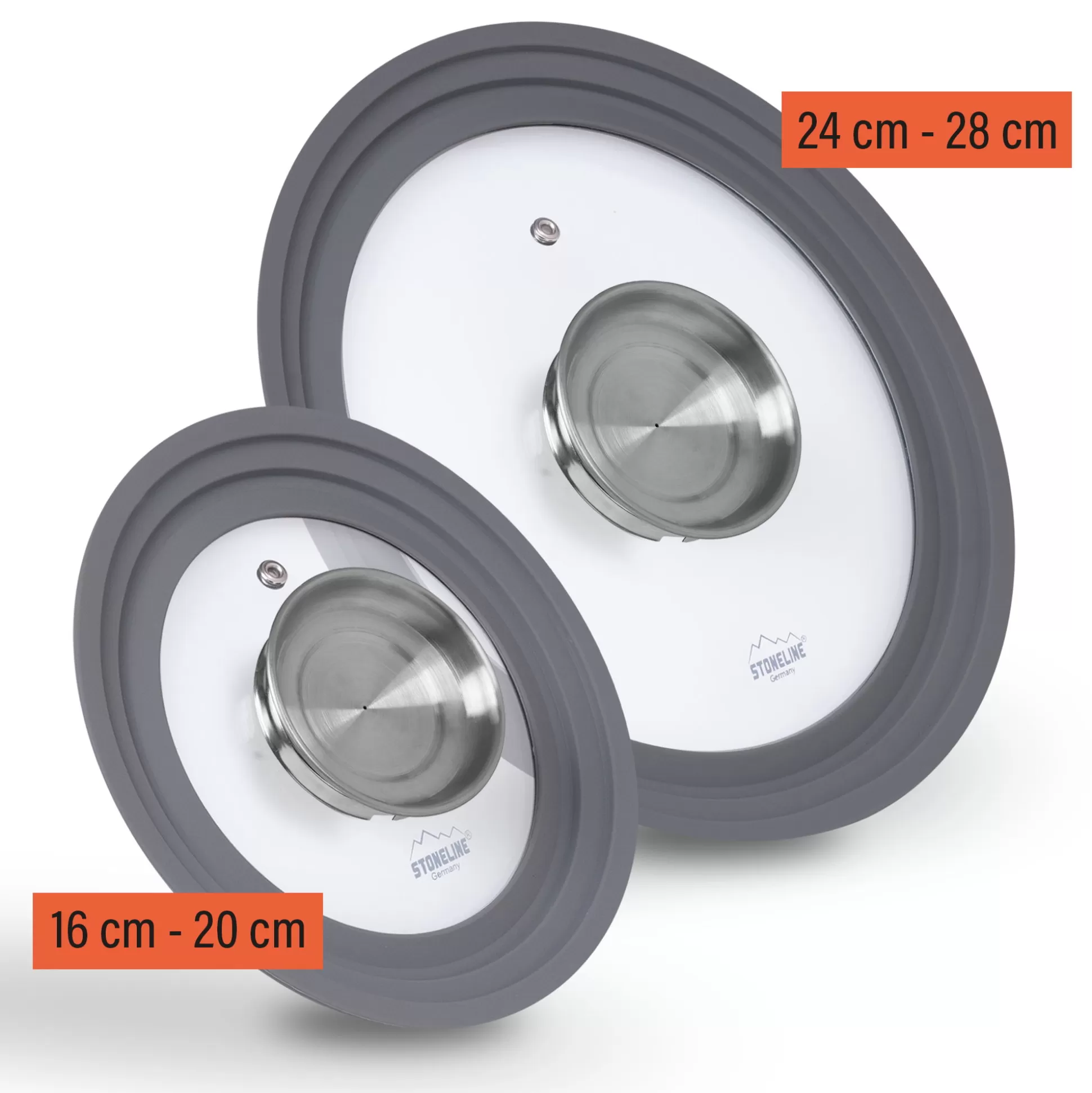 Glass Lids | STONELINE Universal Lid for Pots Pans Skillets Set of 2, 16/18/20 and 24/26/28 Aroma Lid | Grey