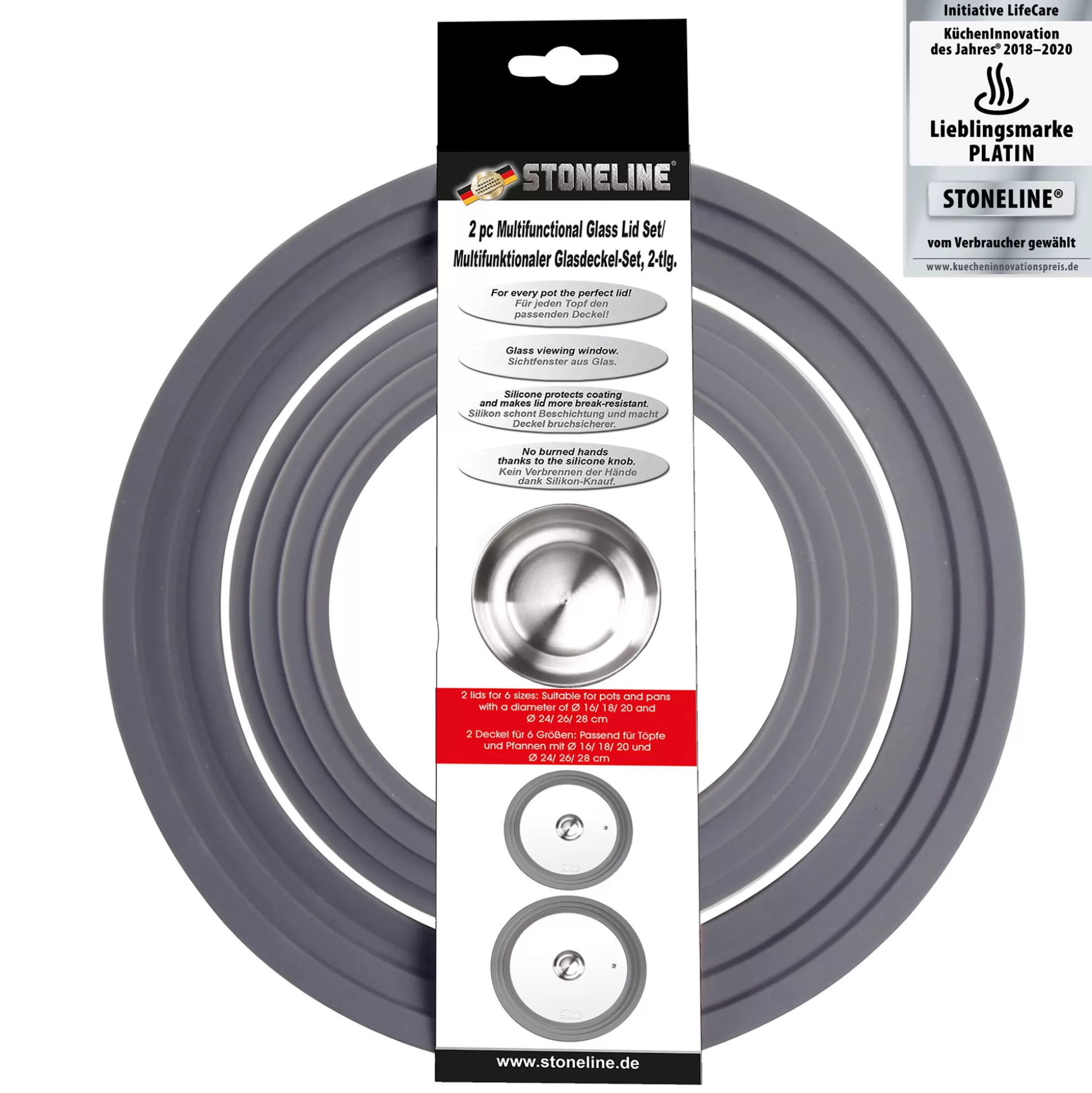 Glass Lids | STONELINE Universal Lid for Pots Pans Skillets Set of 2, 16/18/20 and 24/26/28 Aroma Lid | Grey