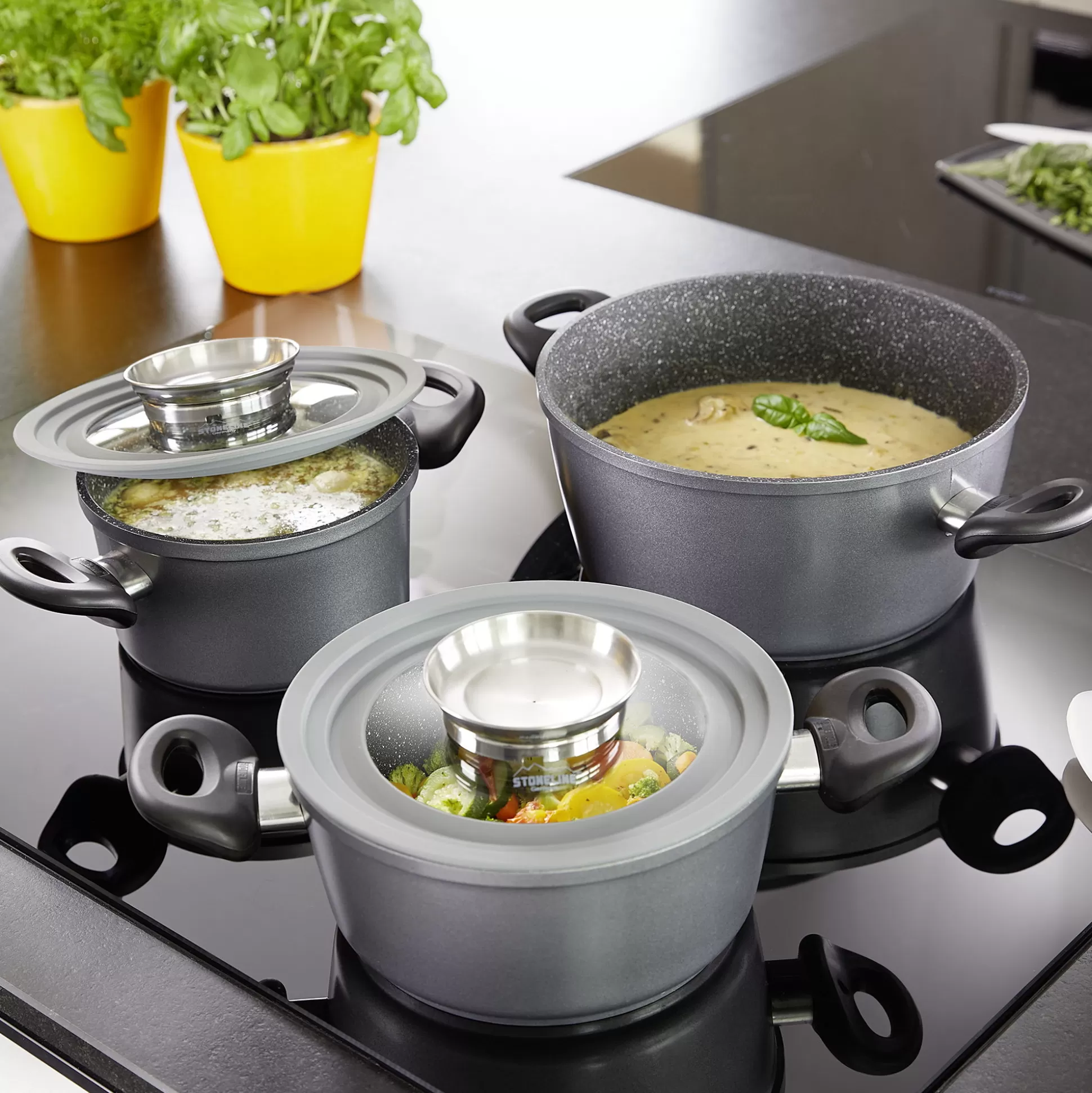 Glass Lids | STONELINE Universal Lid for Pots Pans Skillets Set of 2, 16/18/20 and 24/26/28 Aroma Lid | Grey